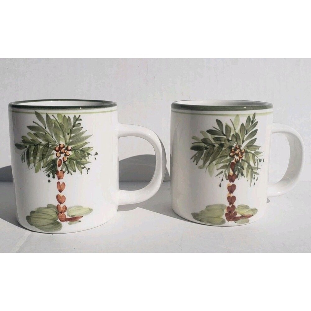 SET 2 GIBSON ELITE PALM COURT COFFEE MUGS CUPS PALM TREE 4" EXCELLENT CONDITION